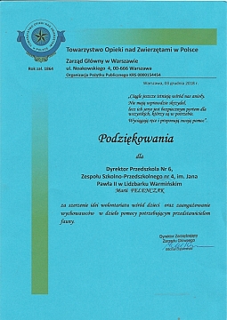 Podziękowanie Towarzystwa Opieki nad Zwierzętami